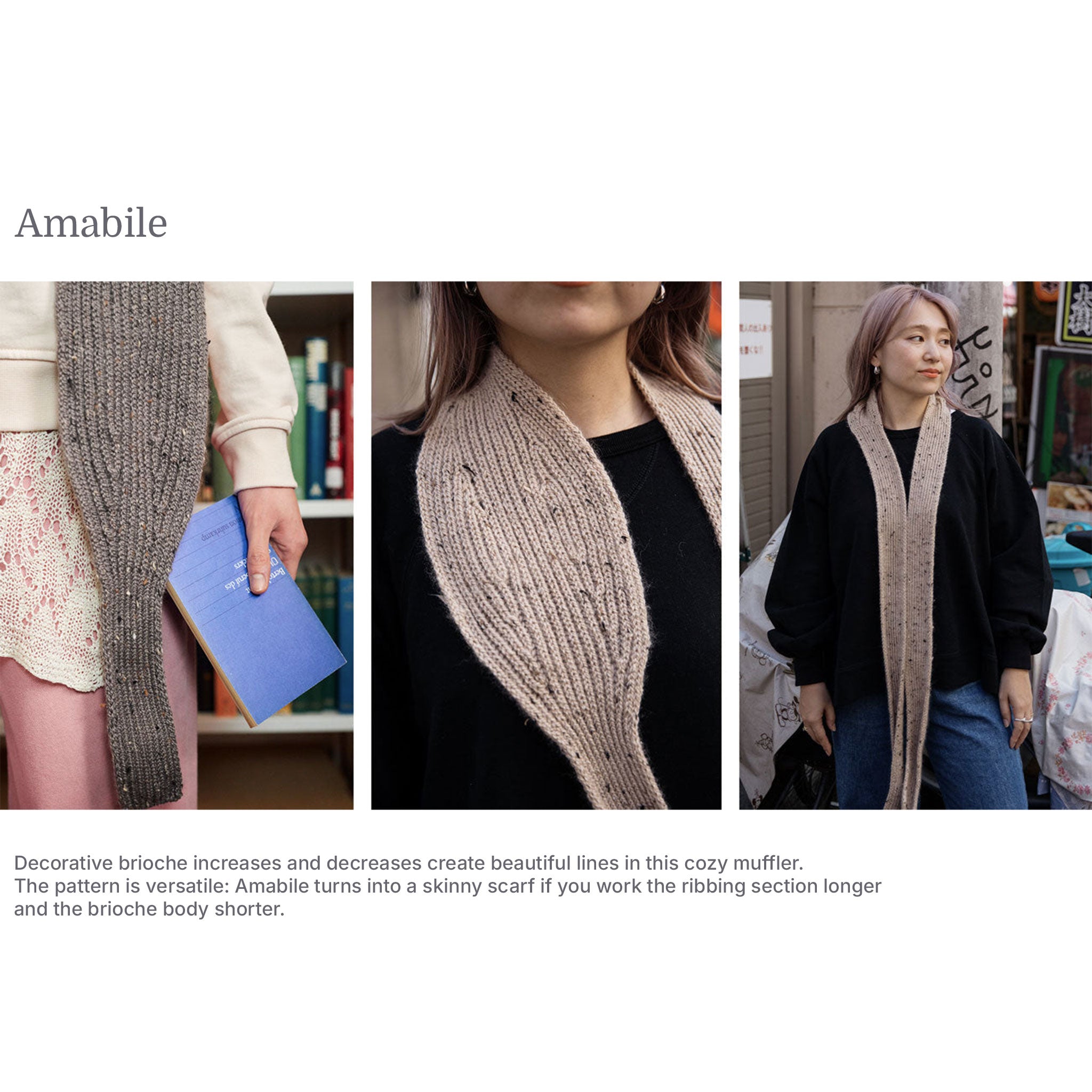 Cozy muffler worn by a person in various settings with text description.