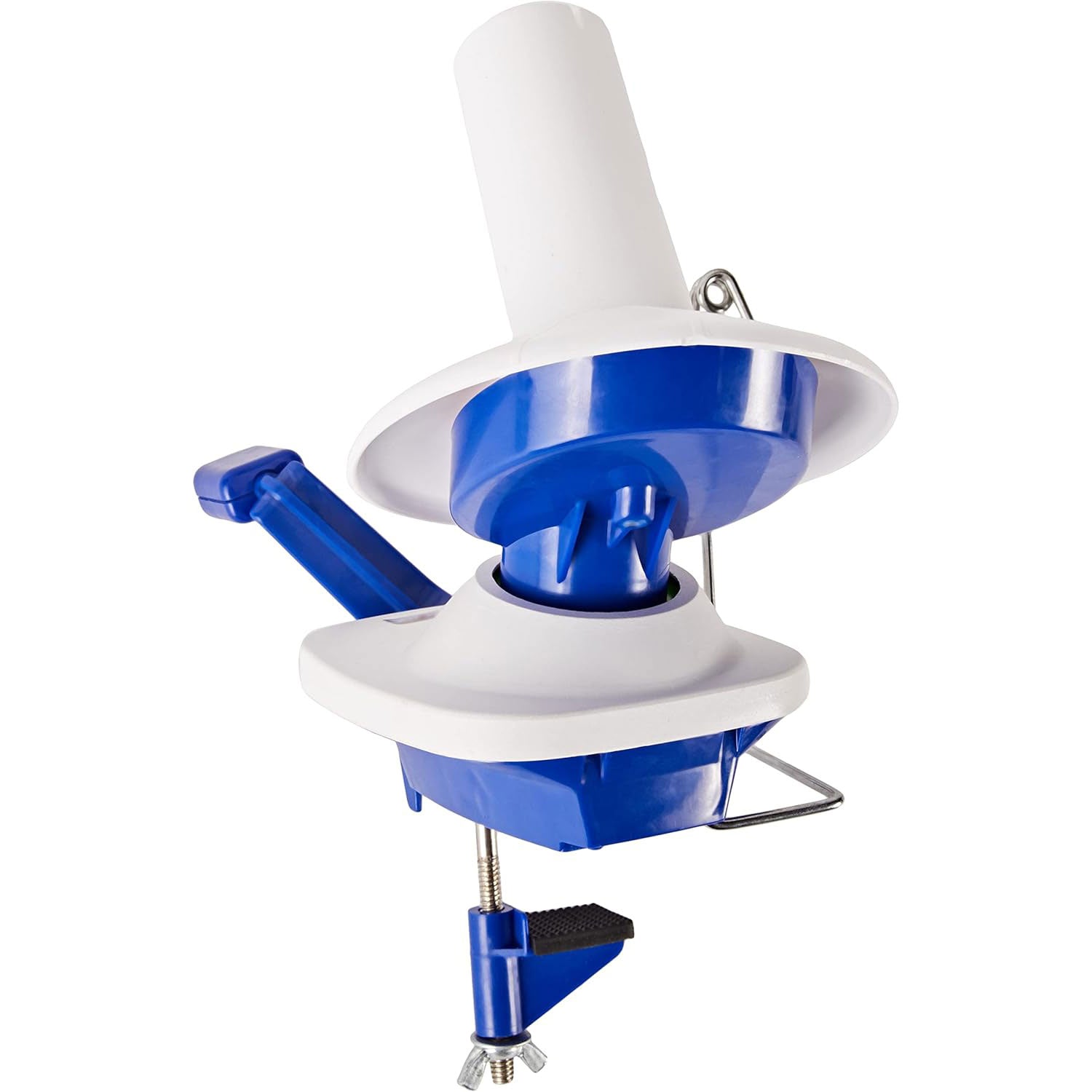 KnitPro yarn wall winder, blue and white plastic rotating spindle and handle with table top C clamp