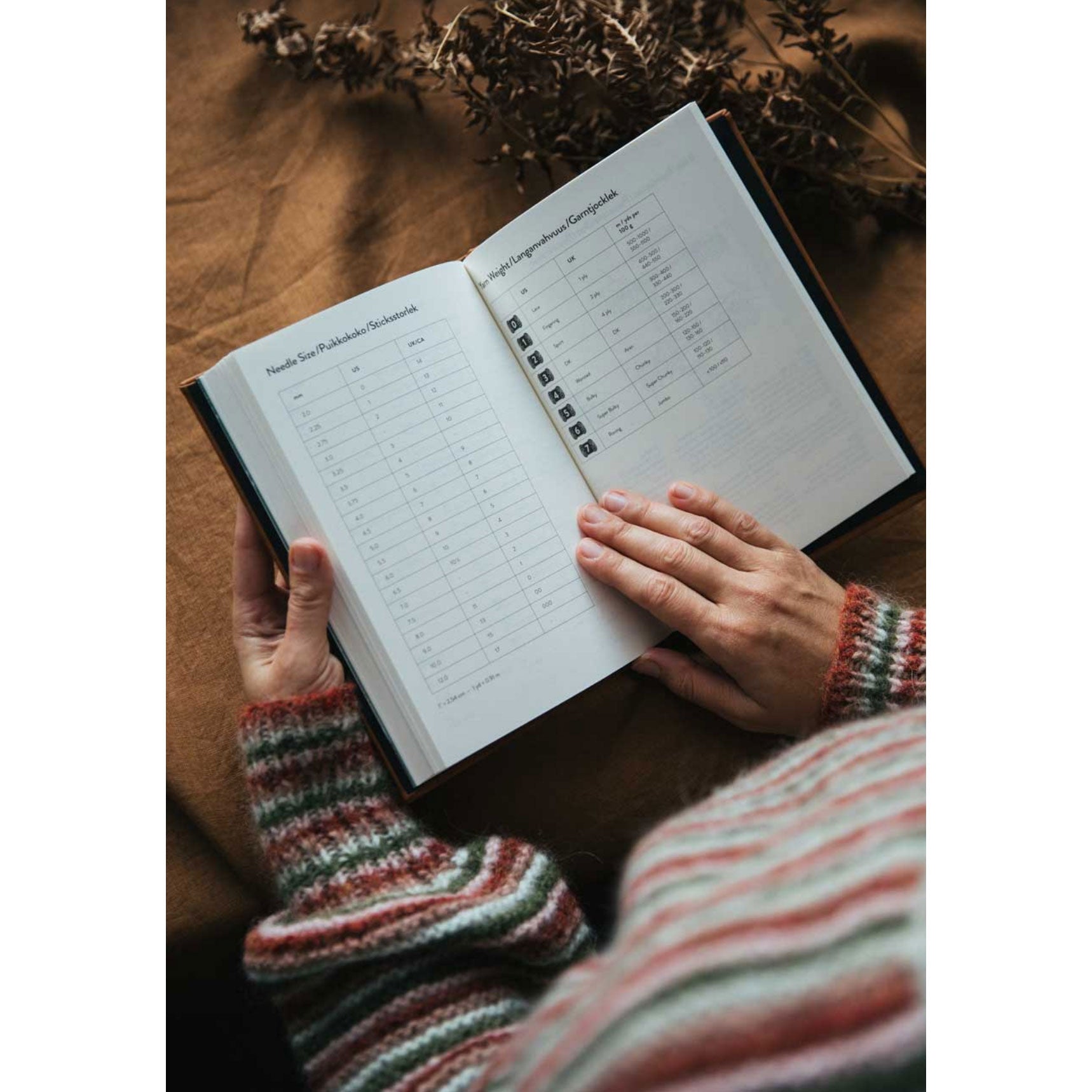 Person holding an open year planner showing needles sizes on left facing page and US yarn sizing guide on right facing page