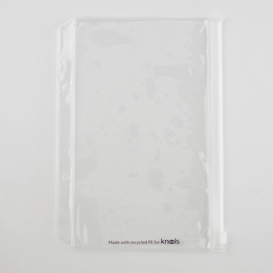 Clear plastic pocket with binder holes lying on a white background