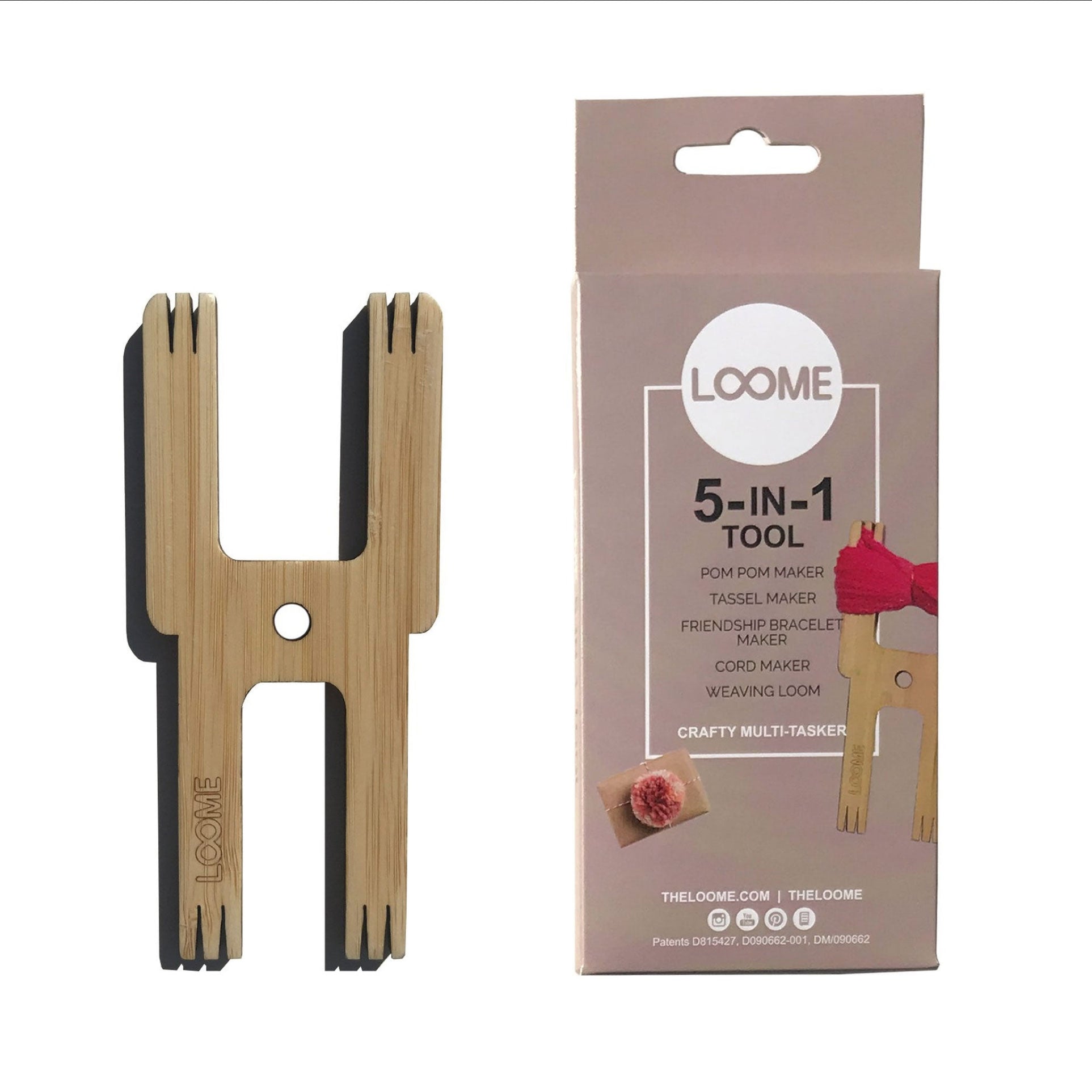 Loome Robot bamboo "H" shape pom pom making tool lying on a white surface adjacent to cardboard product packaging with LOOME branding 5-in-1 tool, crafty multitasker messaging 