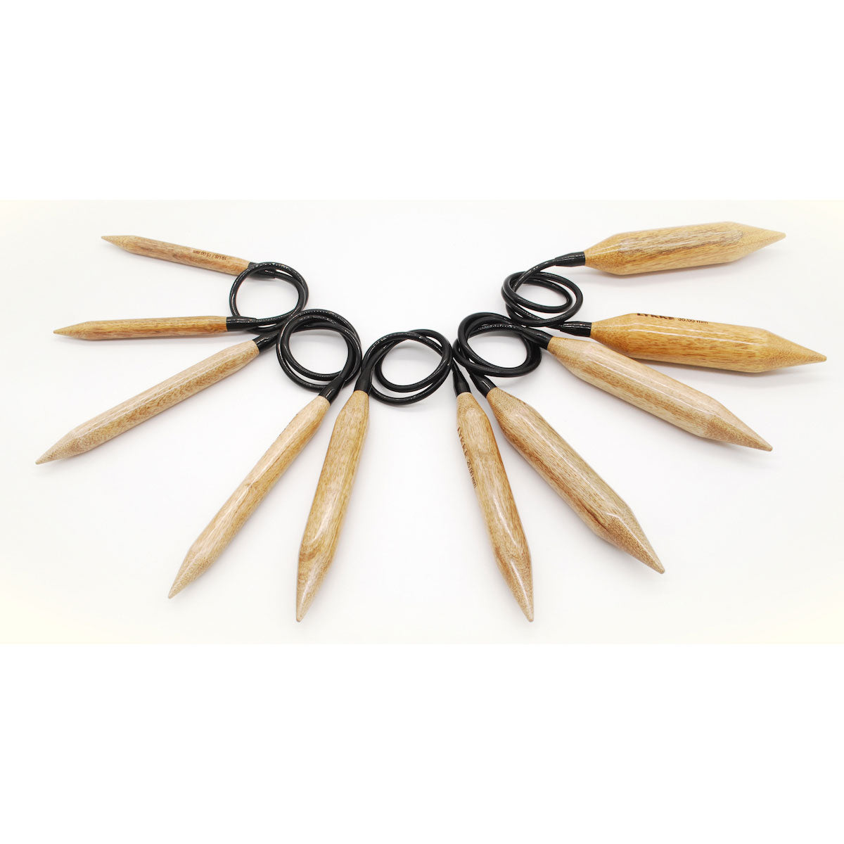 Four pairs of Lykke Big Mango extra large wooden circular knitting needles with black cables