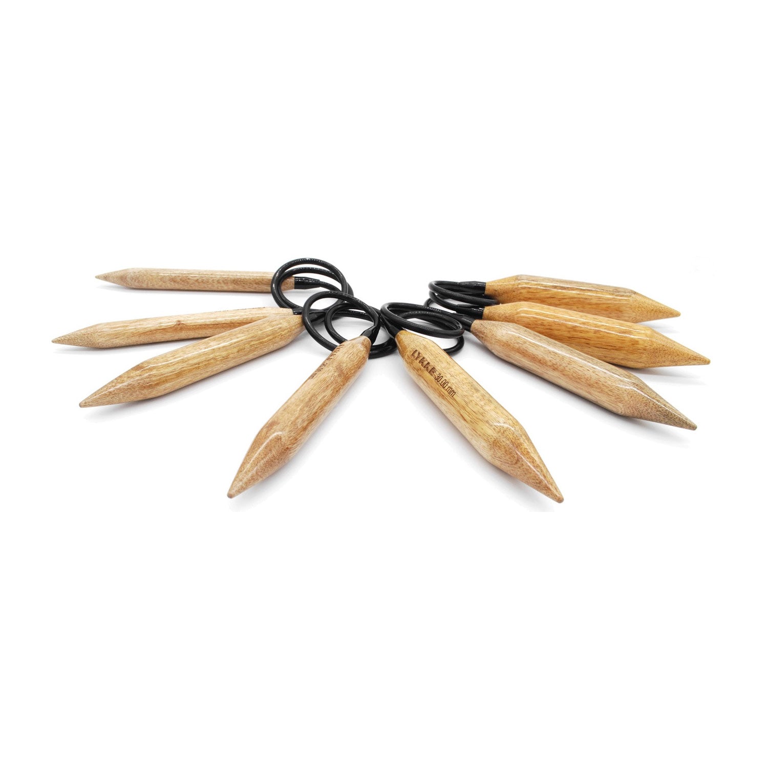 Four pairs of Lykke Big Mango extra large wooden circular knitting needles with black cables