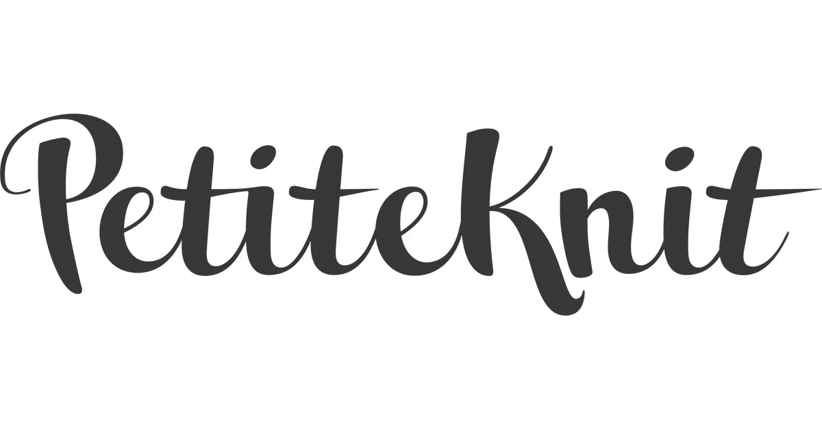 Black 'PetiteKnit' logo on a white background