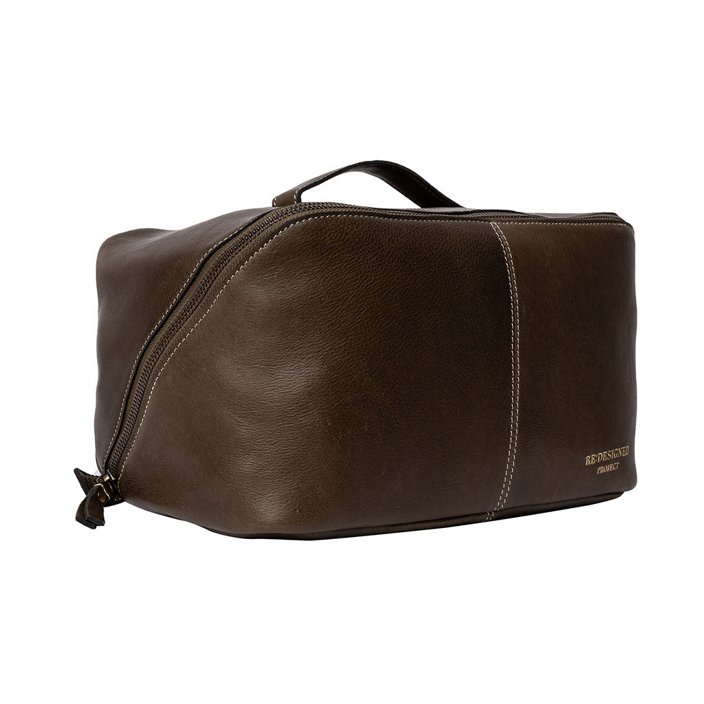 Dark green leather knitting project bag, zipped closed, contrast stitching, on a white background