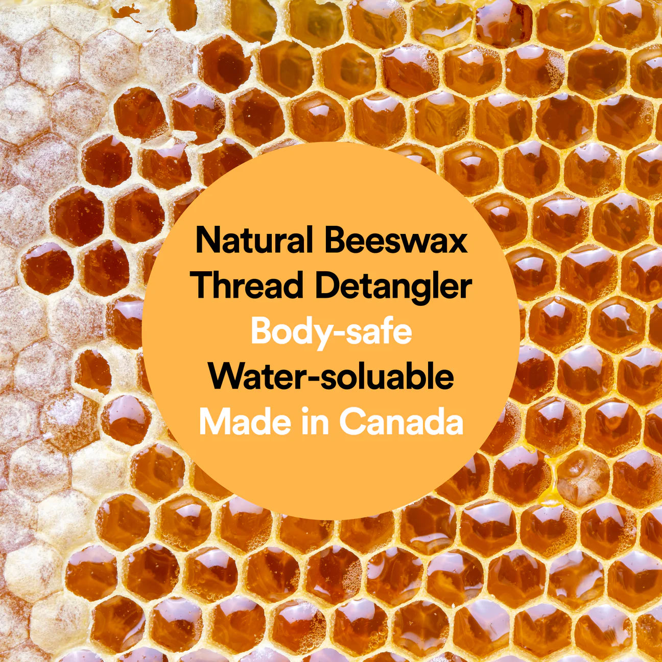 Honeycomb pattern with text about natural beeswax thread detangler