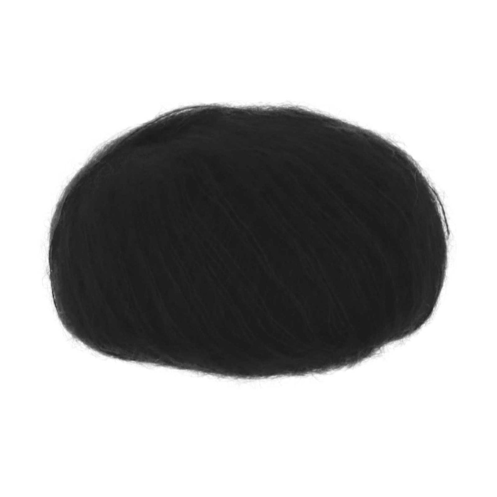 A ball of black silk mohair blend yarn on a white background