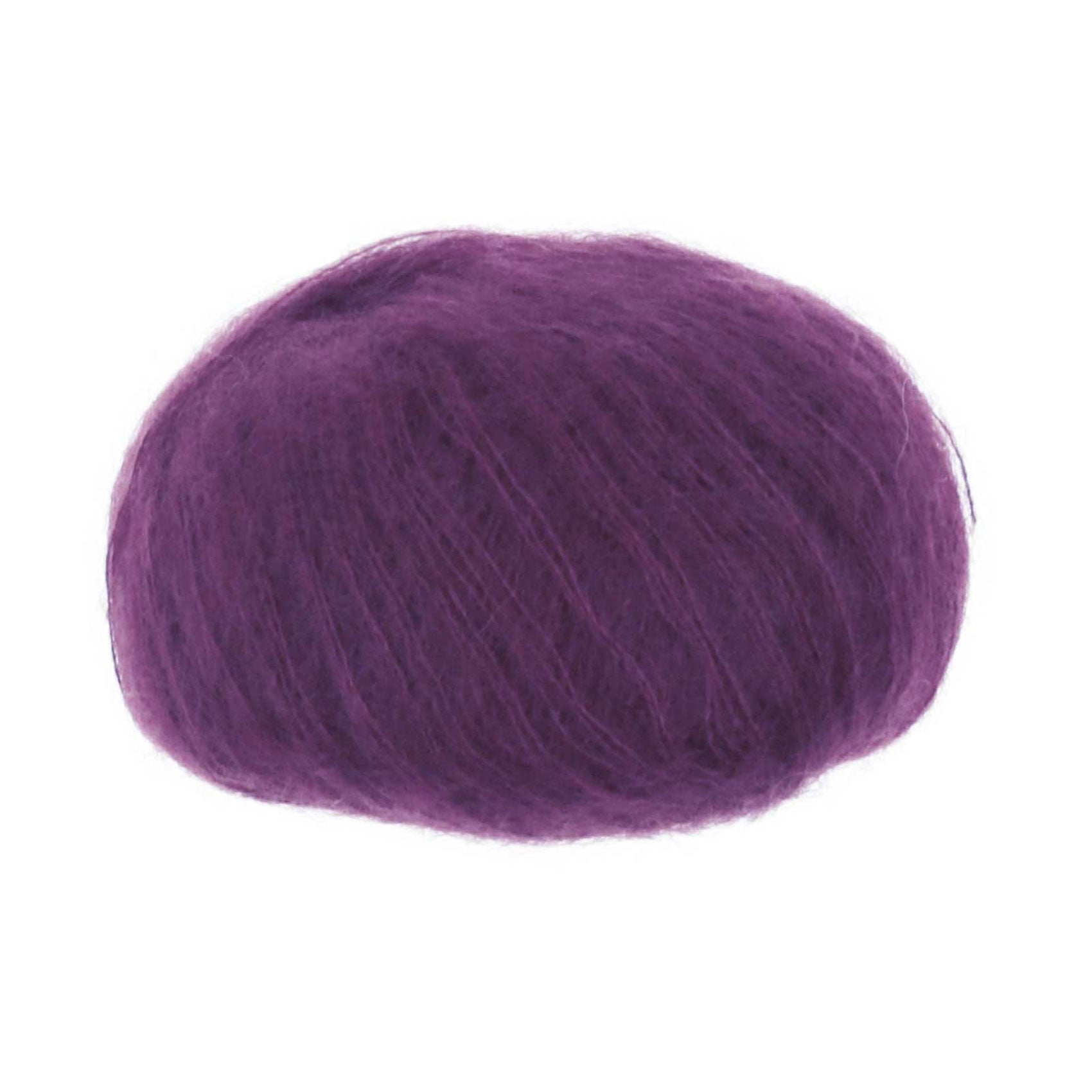 A ball of yarn in deep purple (eminence) shade showing silk mohair fibres