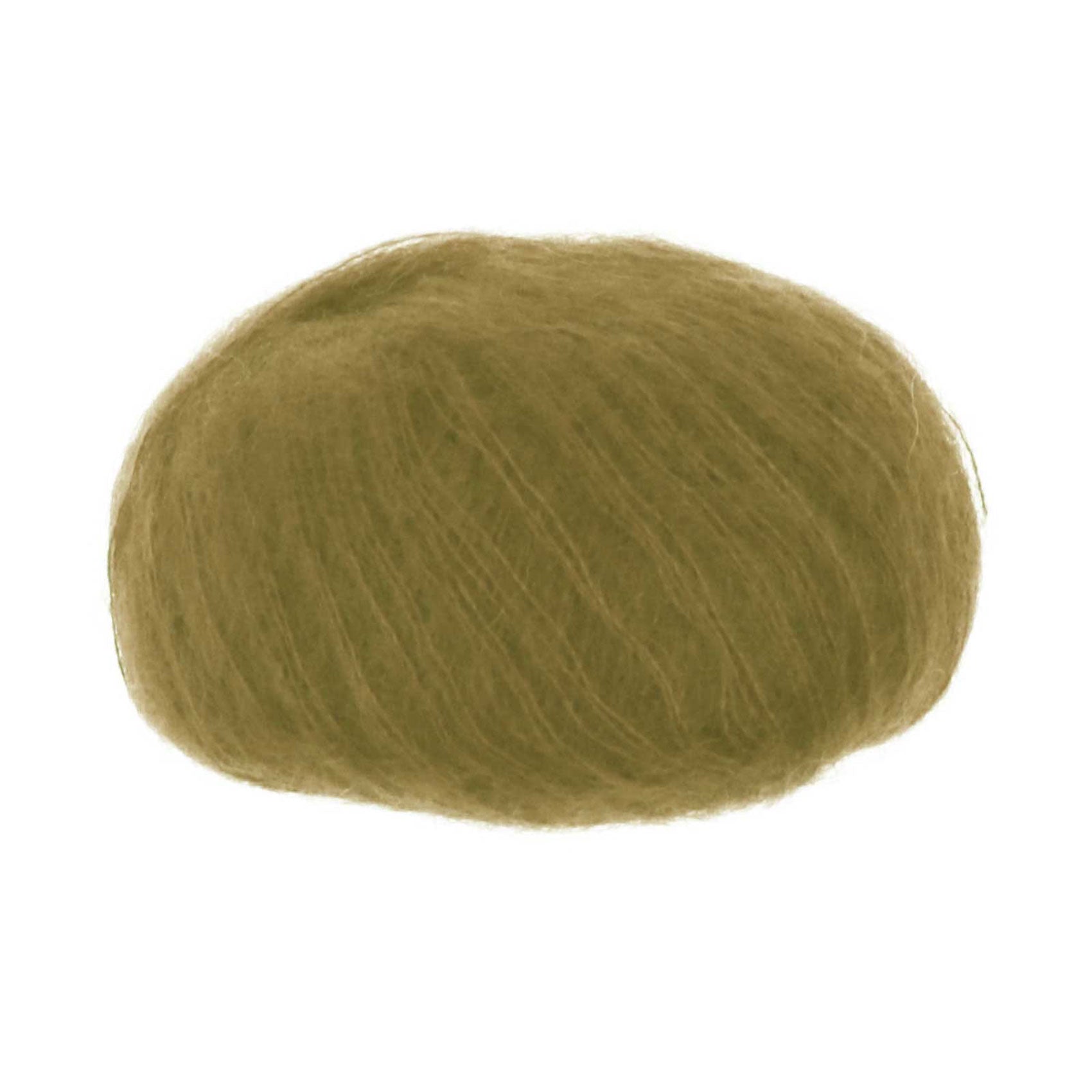 A ball of Lana Gatto yarn showing silk mohair halo in a dark olive (green) shade