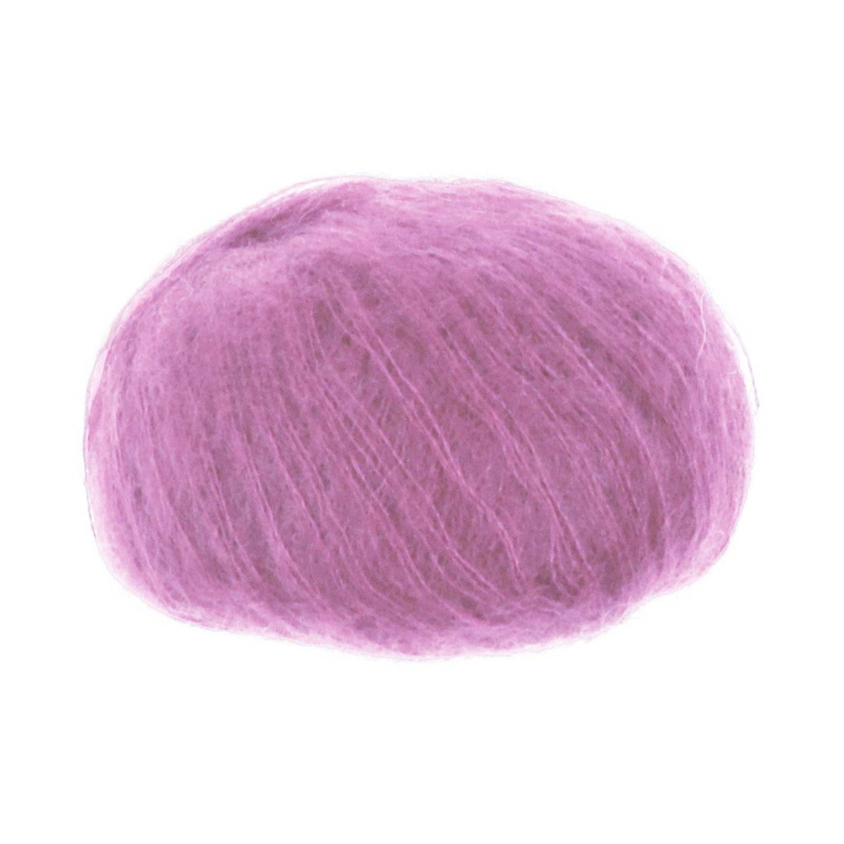 A ball of superfine kid mohair and silk yarn in an orchid pink colour