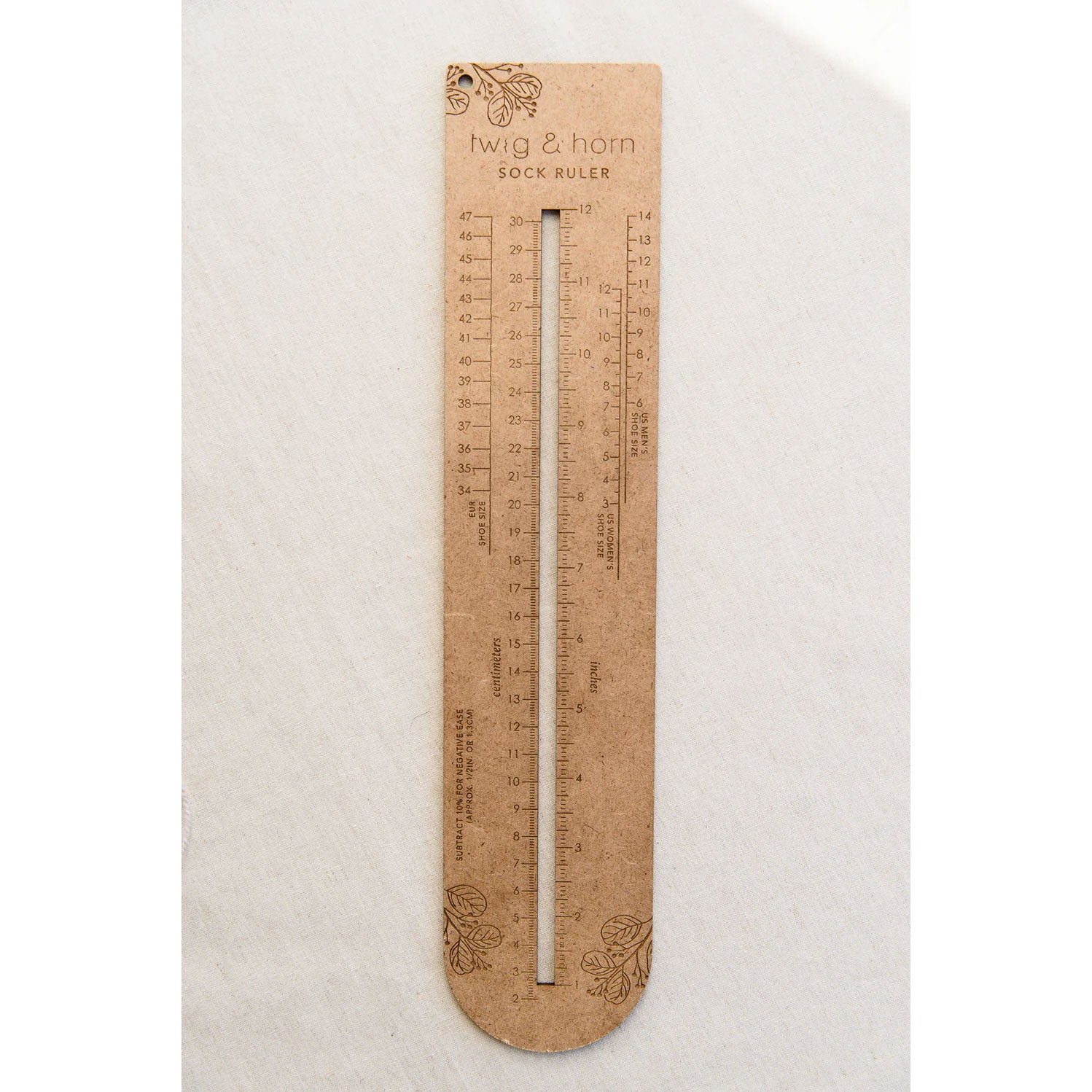Sock sizing ruler from Twig & Horn centimetres and inches 
