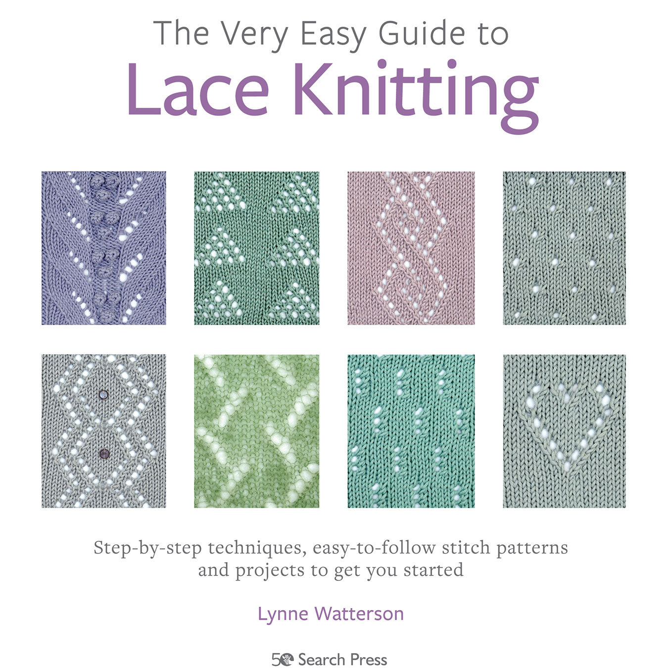 Book cover of 'The Very Easy Guide to Lace Knitting' with lace patterns and author's name.