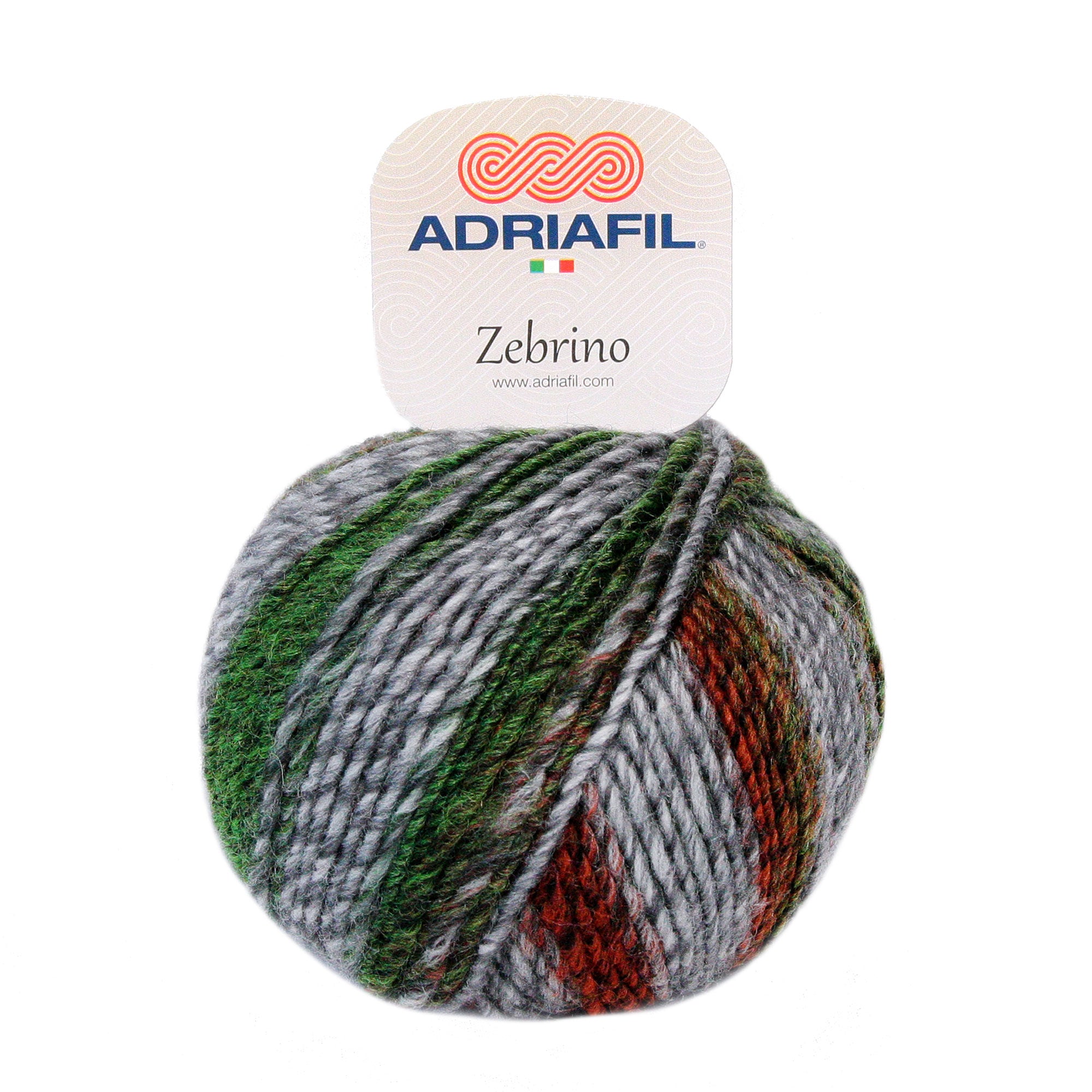 Multi-coloured ball of Zebrino yarn with Adriafil label on a white background