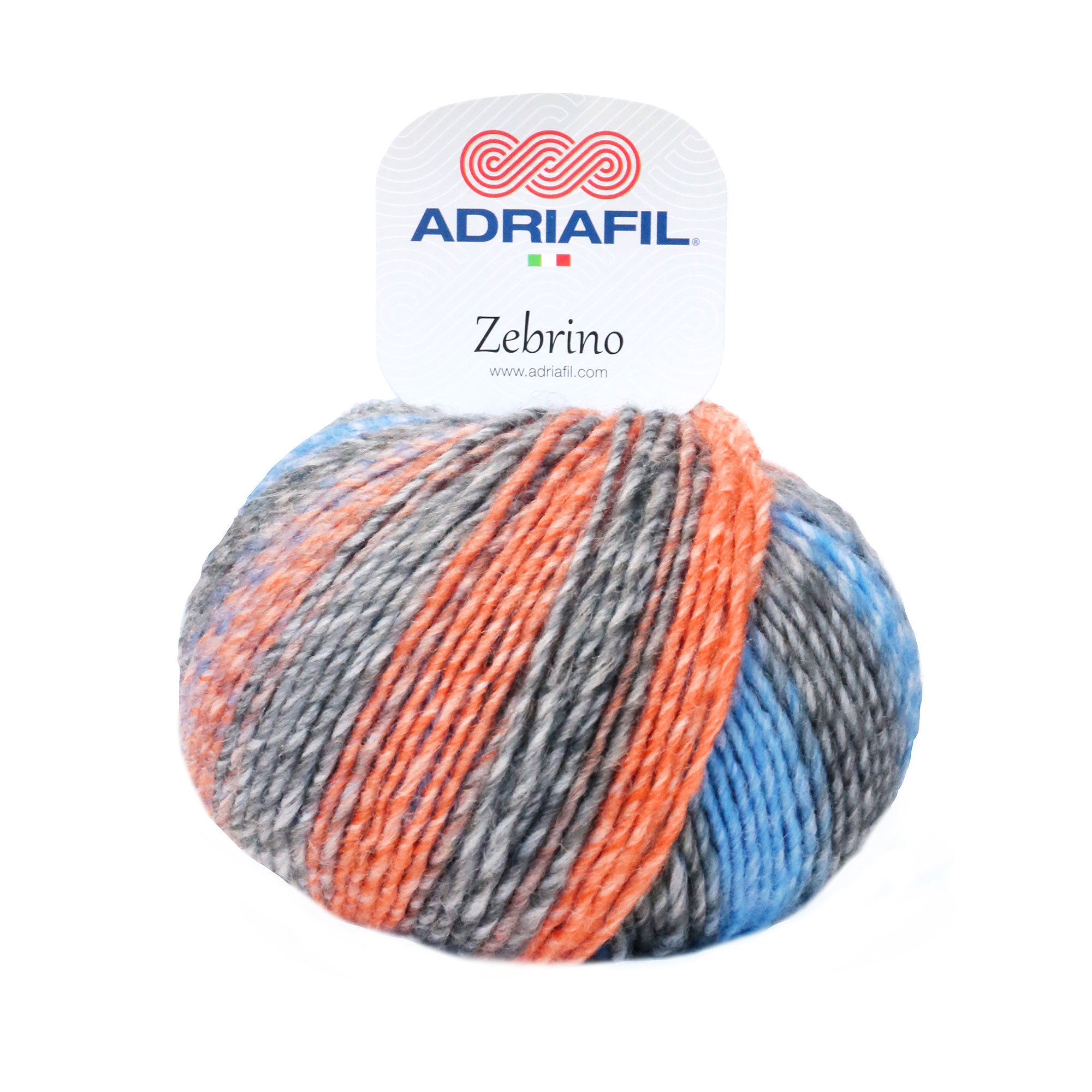 Multi-coloured ball of Zebrino yarn with Adriafil label on a white background