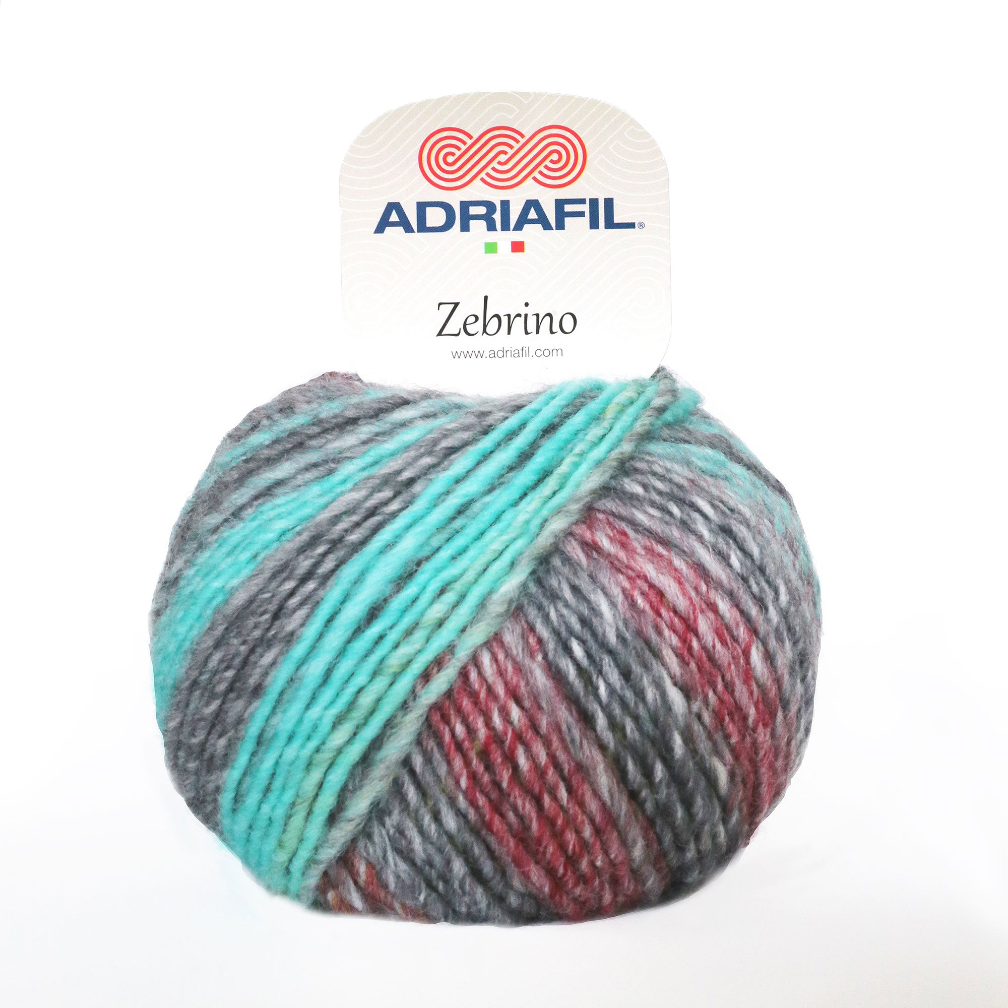 Multi-coloured ball of Zebrino yarn with Adriafil label on a white background