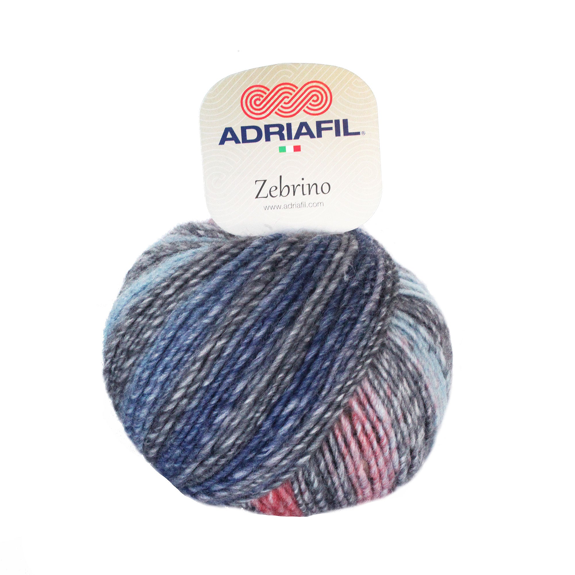 Multi-coloured ball of Zebrino yarn with Adriafil label on a white background