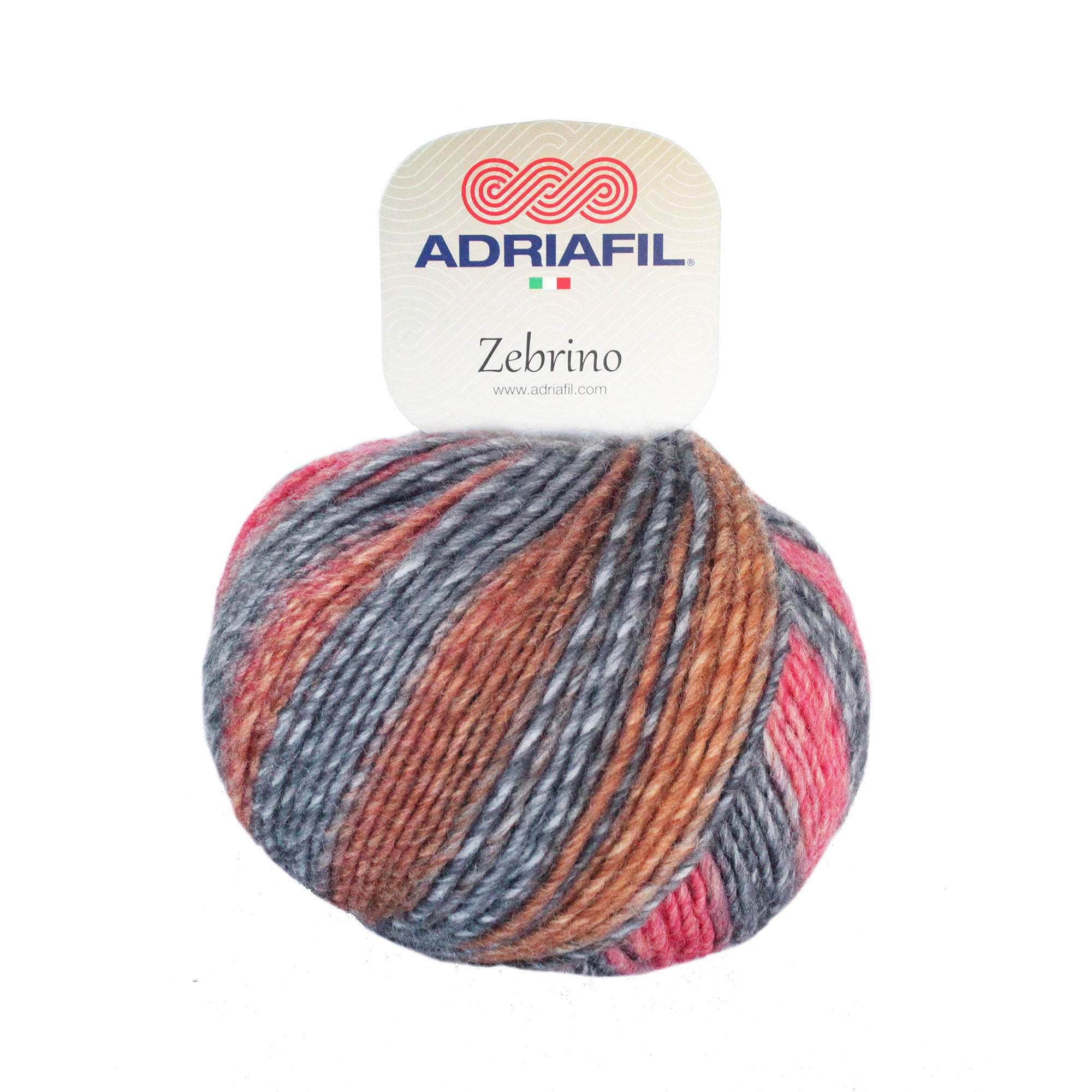Multi-coloured ball of Zebrino yarn with Adriafil label on a white background